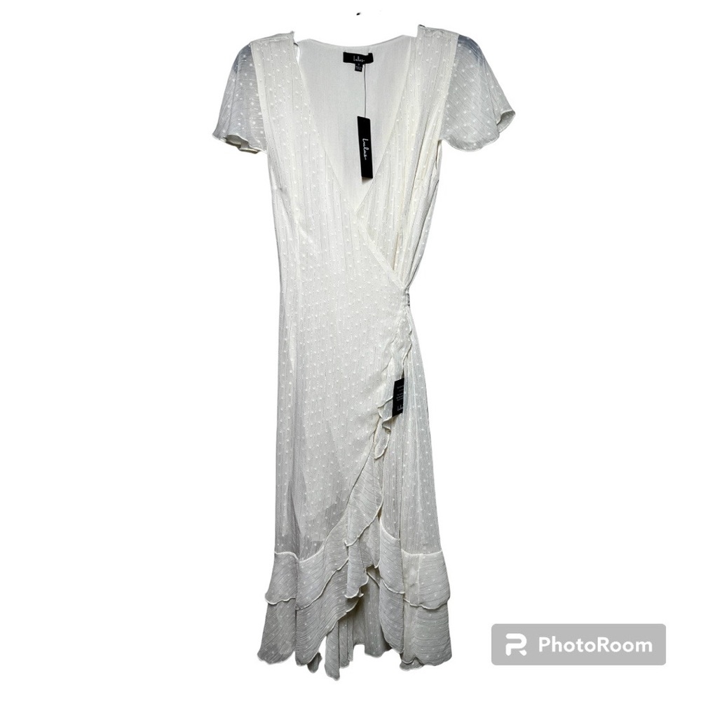 Lulu’s NWT Cream Dotted Ruffled Wrap Midi Dress - S - Picture 2 of 11